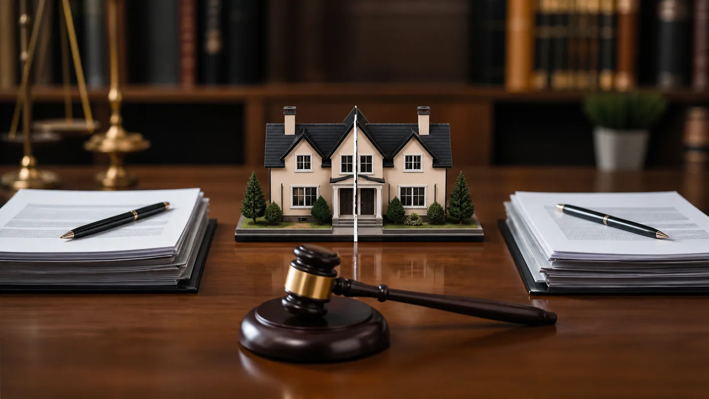 Modelo de vivienda dividida, expedientes y mazo judicial como representación de la liquidación de gananciales