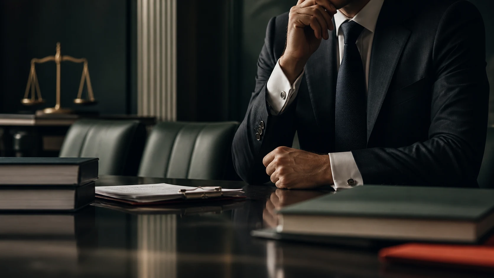 Administrador de empresa analizando responsabilidades ante una balanza de la Justicia