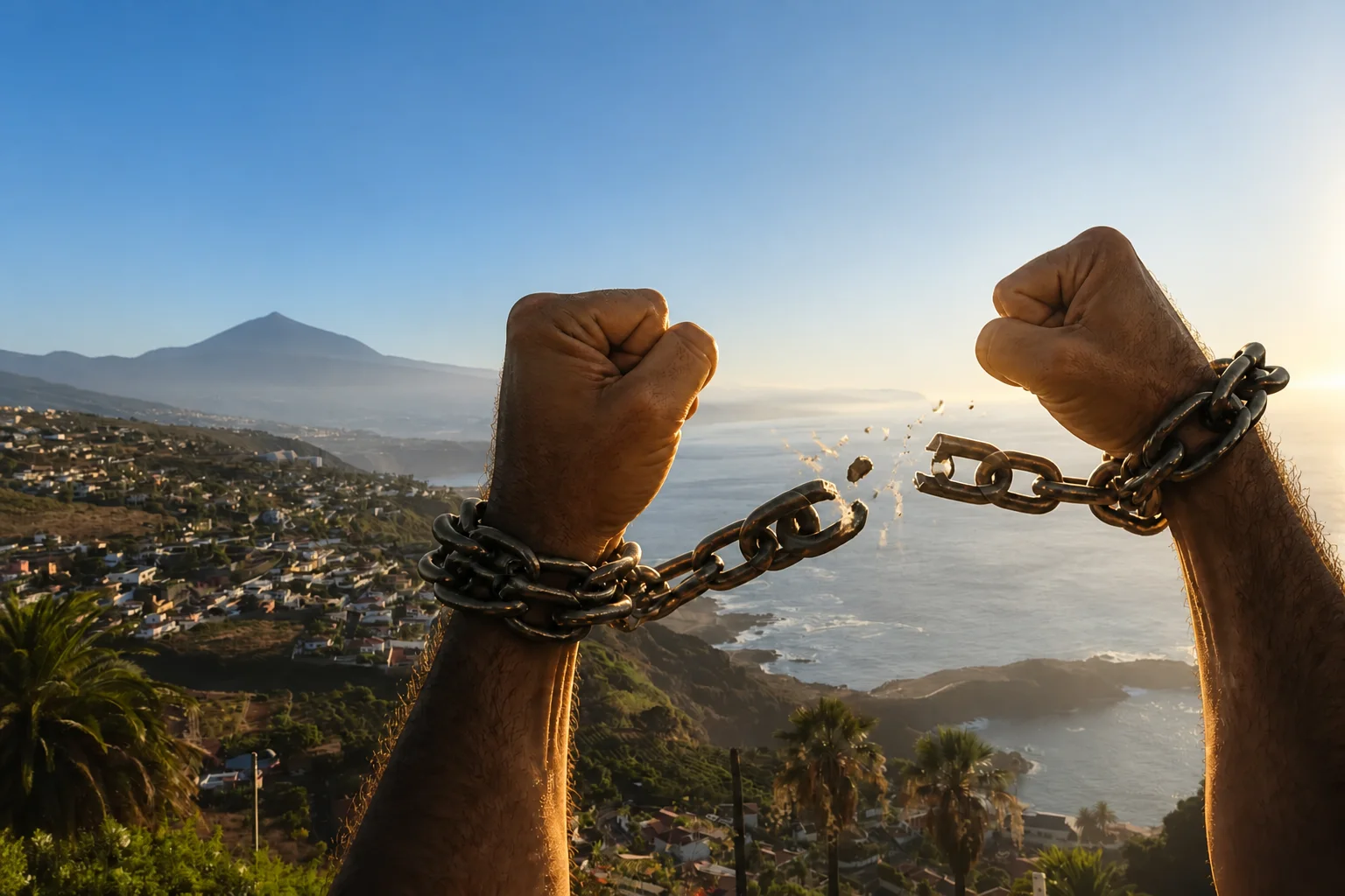 Cadena rota ante el Teide y la costa de Tenerife como símbolo de la Segunda Oportunidad